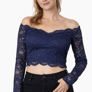 City Triangles Navy Blue Lace Off Shoulder Long Sleeve Cropped Top Blouse Sz‎ 13